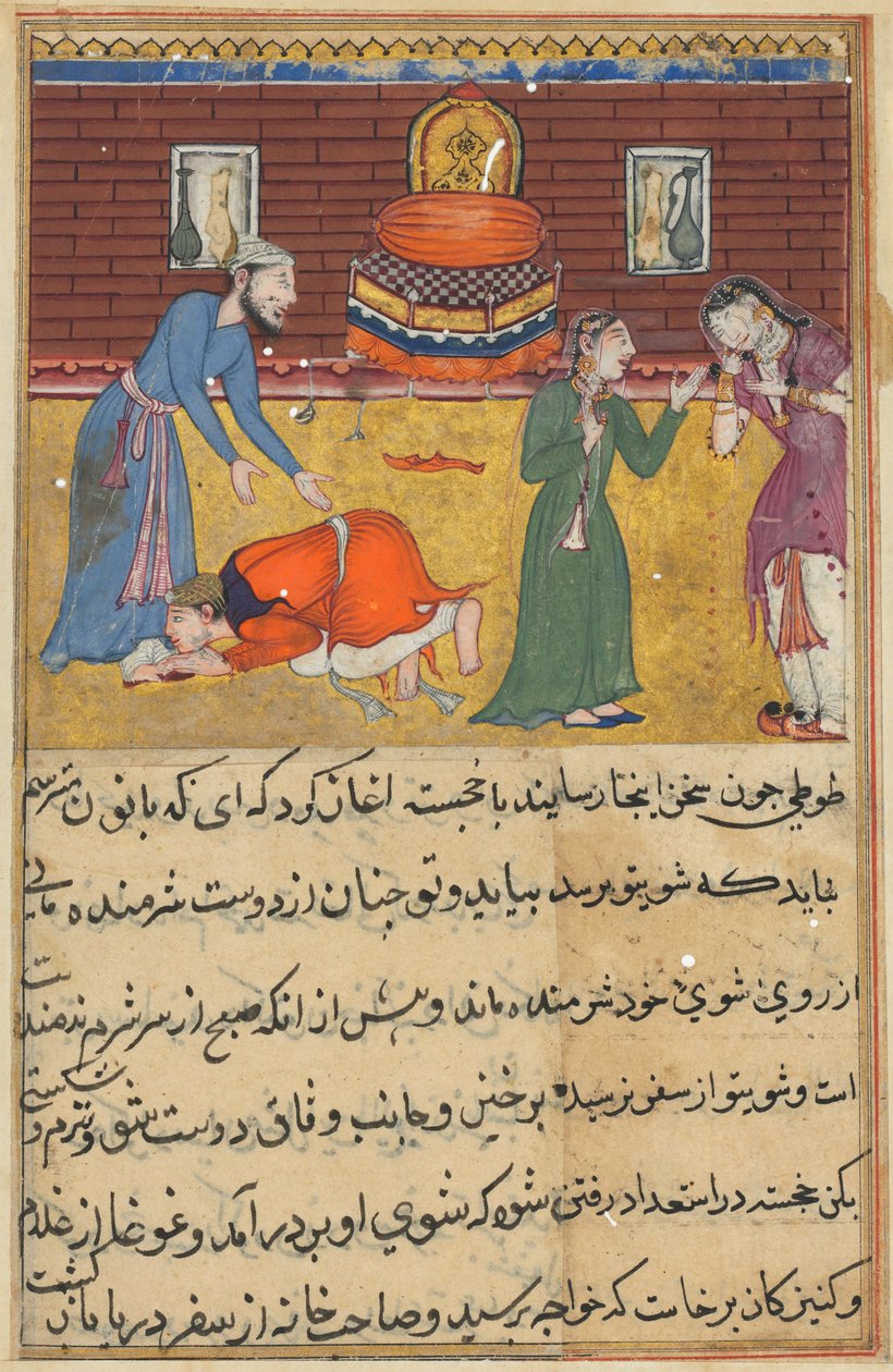 Pagina uit Verhalen van een Papegaai Tuti-nama: Tweeënvijftigste nacht: De zoon van de vrome man, ca. 1560 door Unbekannt