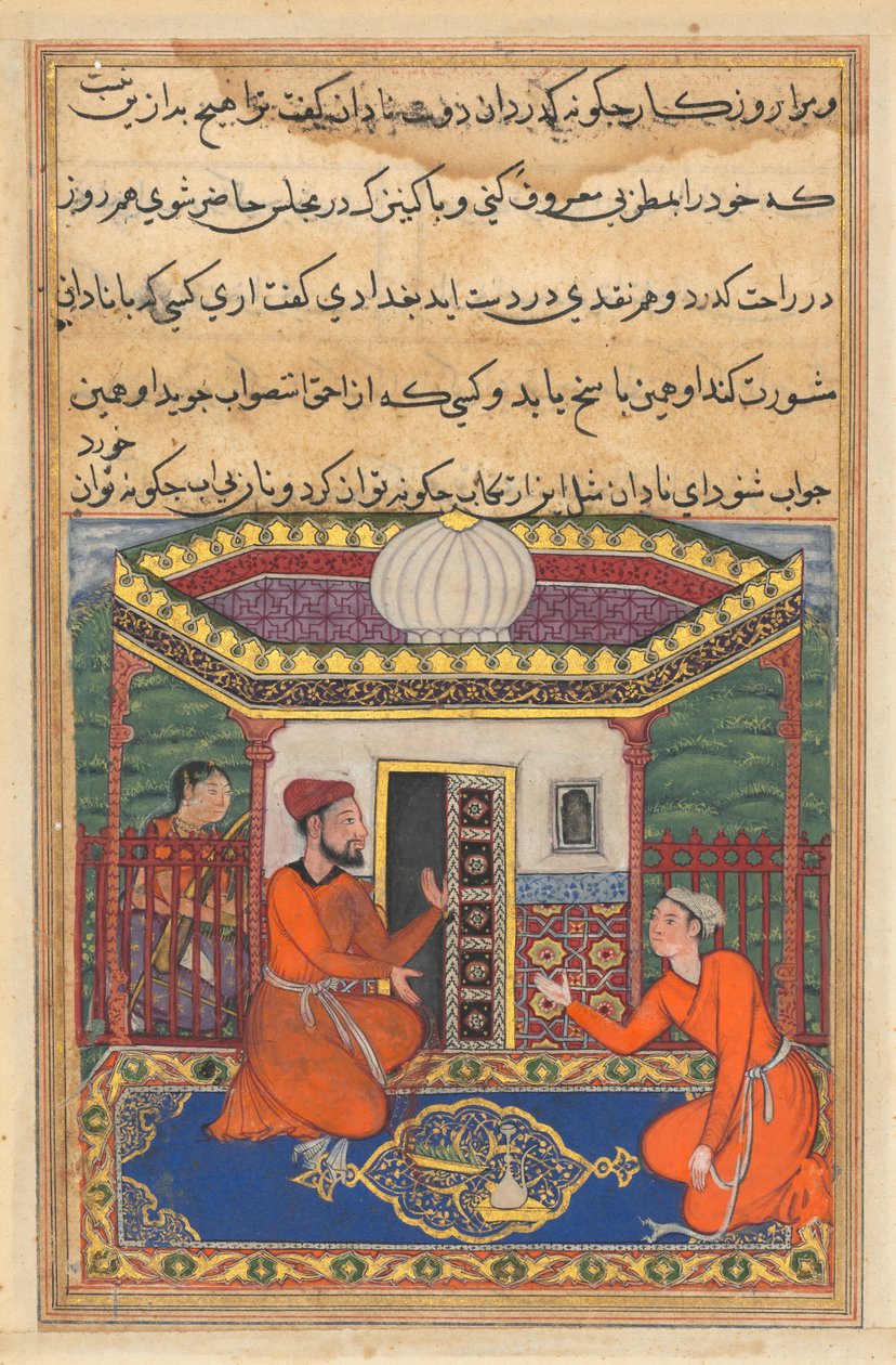 Pagina uit Verhalen van een papegaai Tuti-nama: Achtenveertigste nacht: De jongeman van Bagdad door Unbekannt