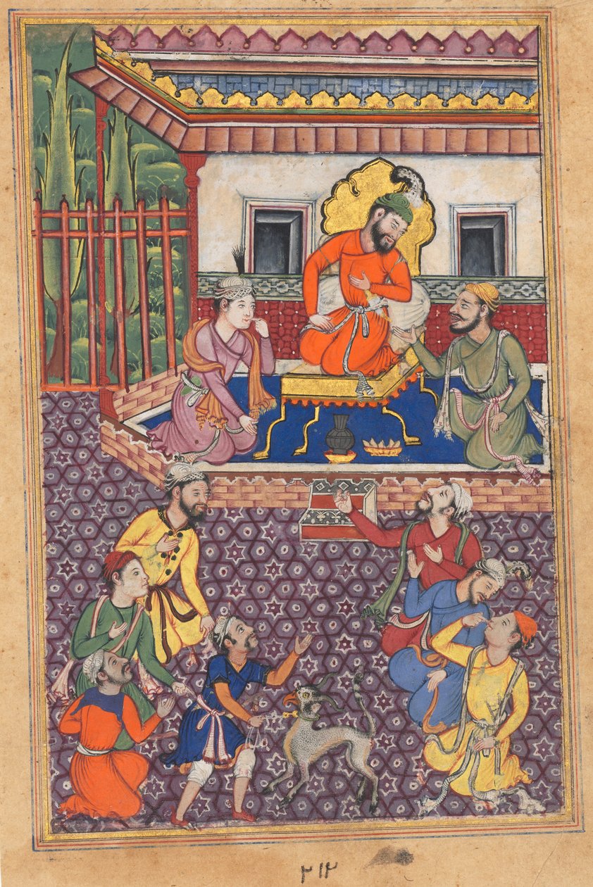 Pagina uit Verhalen van een papegaai Tuti-nama: Zesenveertigste nacht: Het hof van de Raja van Ujjain, ca. 1560 door Unbekannt