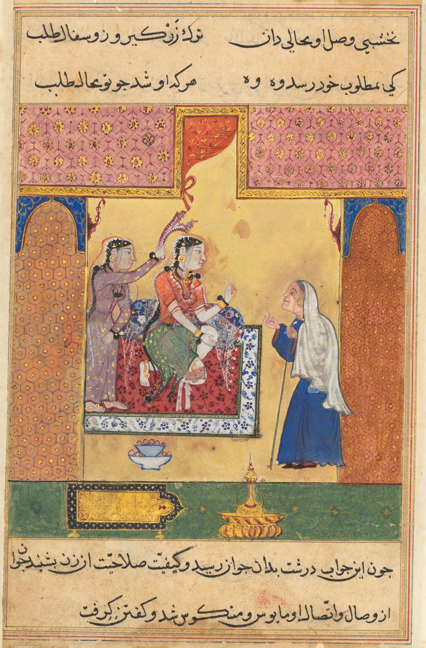 Pagina uit Verhalen van een Papegaai Tuti-nama: Zeventiende nacht: De oude koppelaarster..., ca. 1560 door Unbekannt