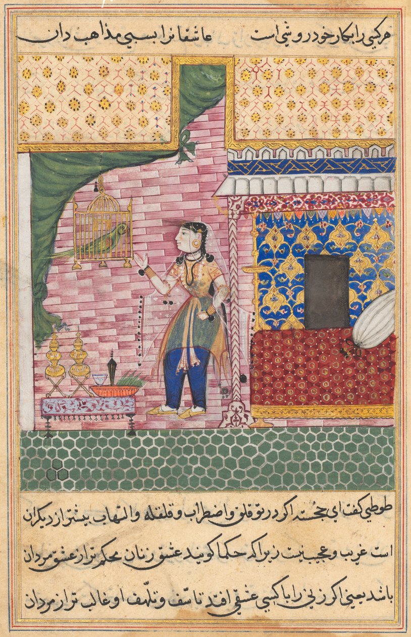 Pagina uit Verhalen van een Papegaai Tuti-nama: Zeventiende nacht: De papegaai..., c. 1560 door Unbekannt