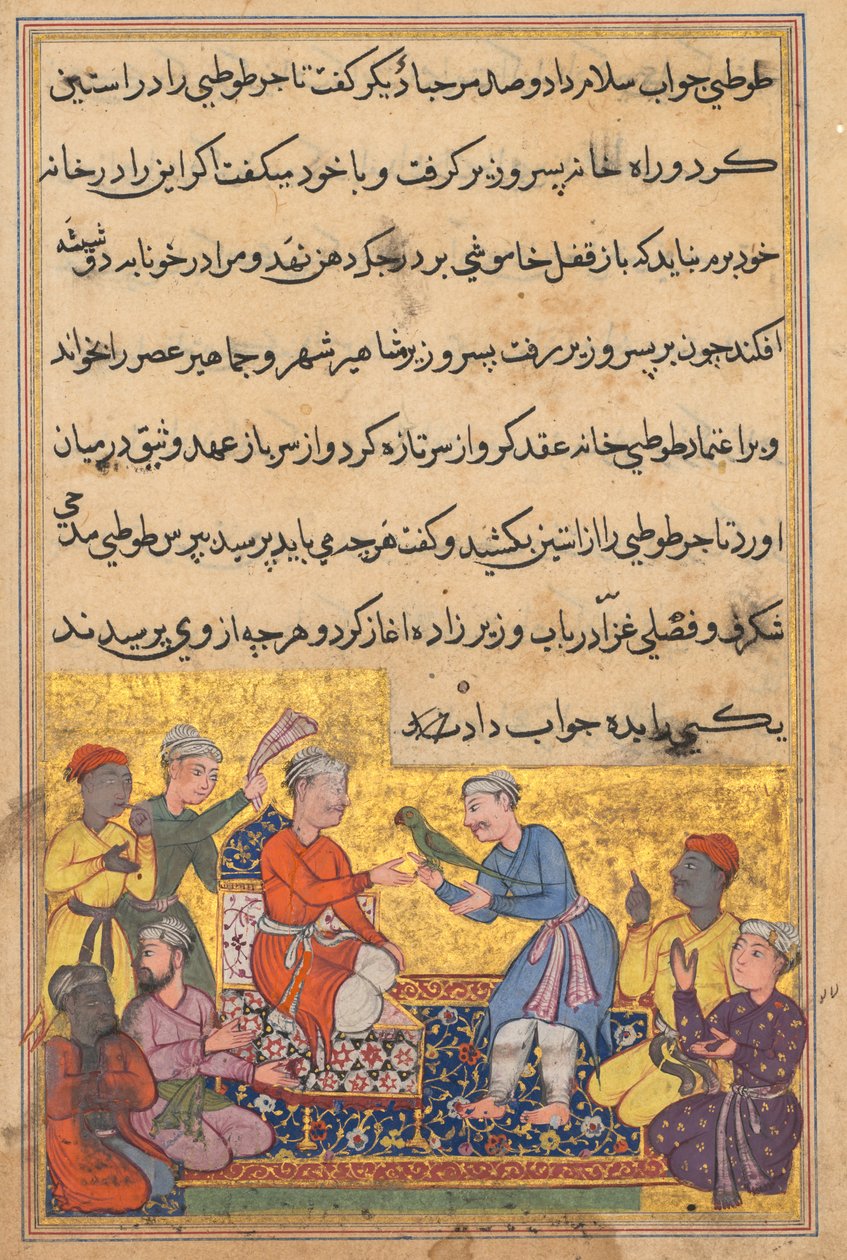 Pagina uit Verhalen van een Papegaai Tuti-nama: Tiende nacht: De magische papegaai van de koopman, ca. 1560 door Unbekannt