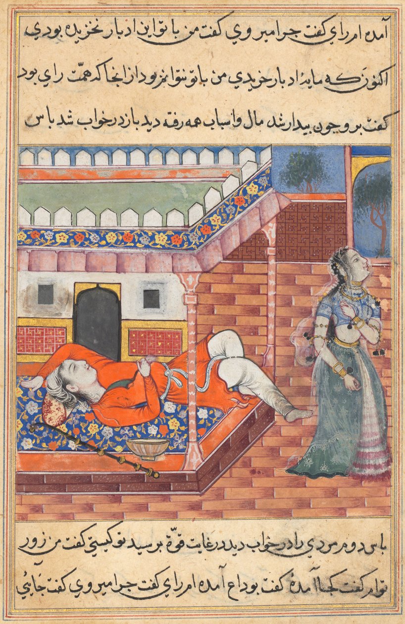 Pagina uit Verhalen van een Papegaai Tuti-nama: Zesendertigste nacht: De koning droomt van een dame..., ca. 1560 door Unbekannt