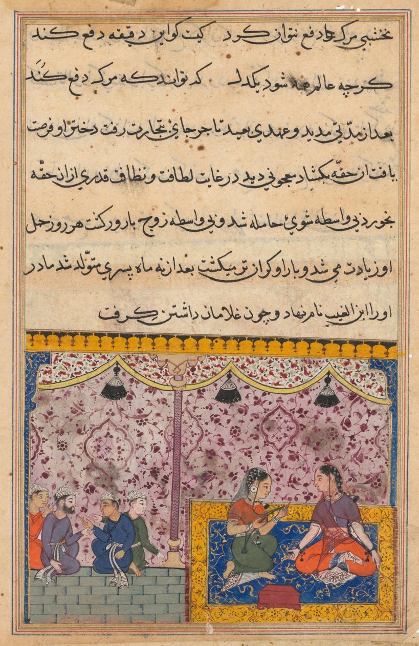 Pagina uit Verhalen van een Papegaai Tuti-nama: Drieëntwintigste nacht: De dochter van de koopman..., ca. 1560 door Unbekannt
