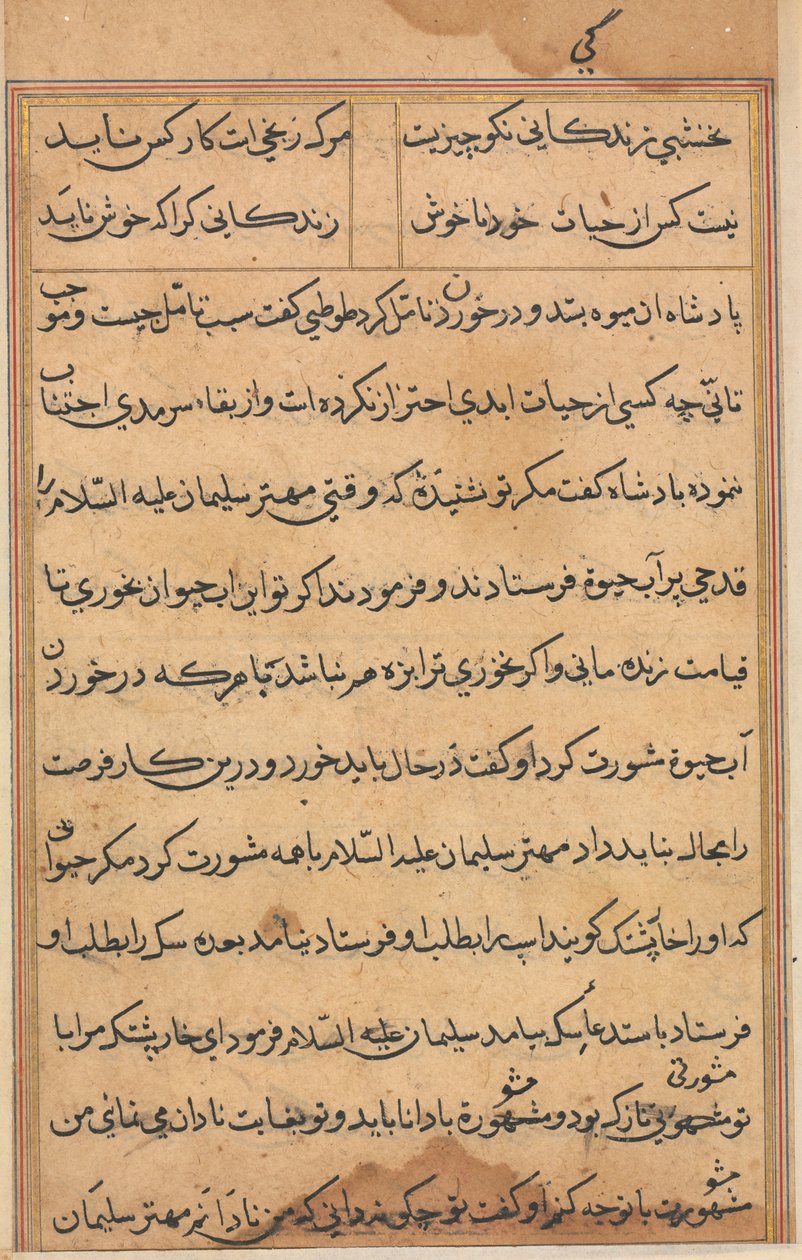 Pagina uit Verhalen van een Papegaai Tuti-nama: tekstpagina, ca. 1560 door Unbekannt