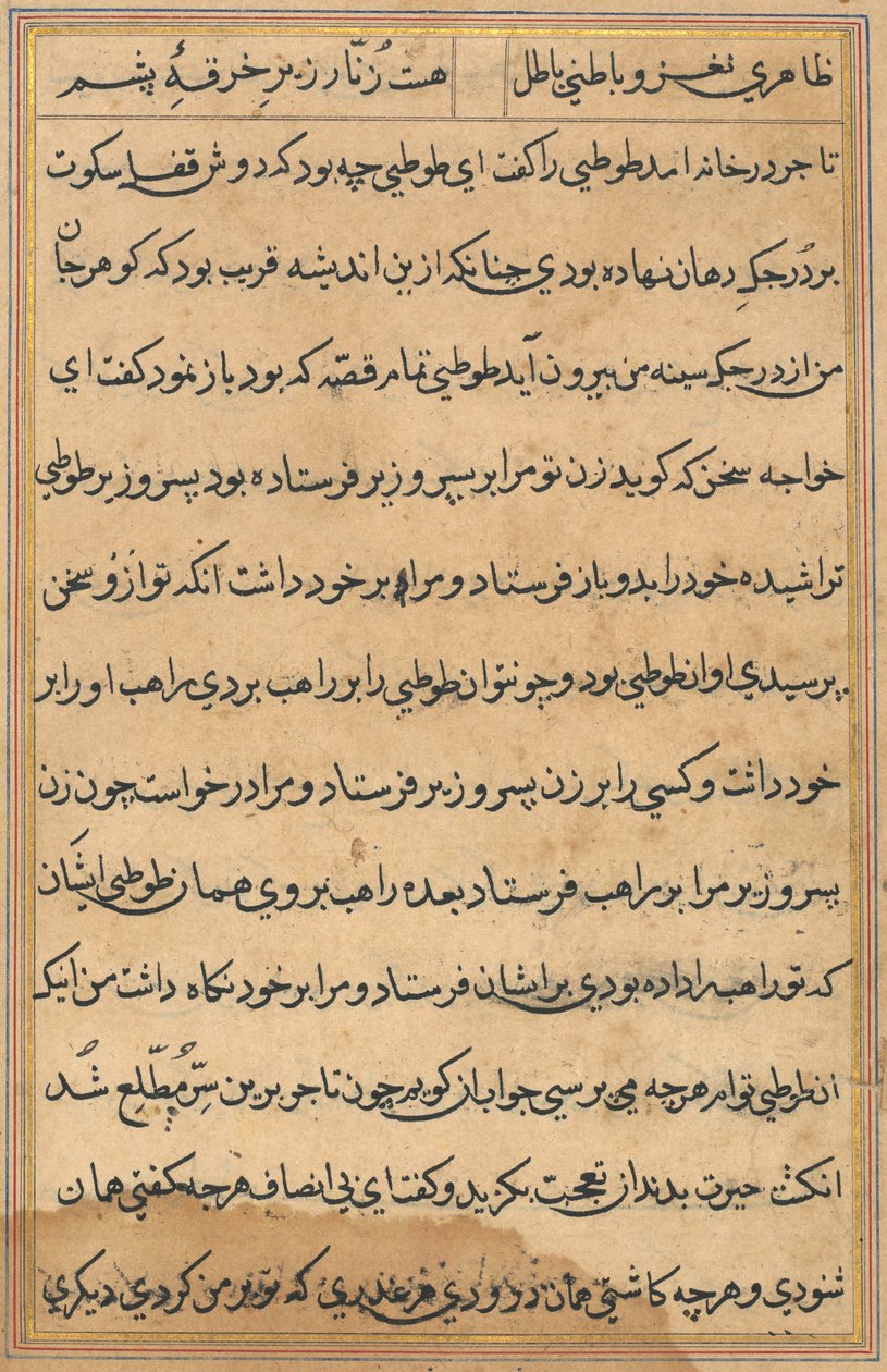 Pagina uit Verhalen van een papegaai Tuti-nama: tekstpagina, ca. 1560 door Unbekannt