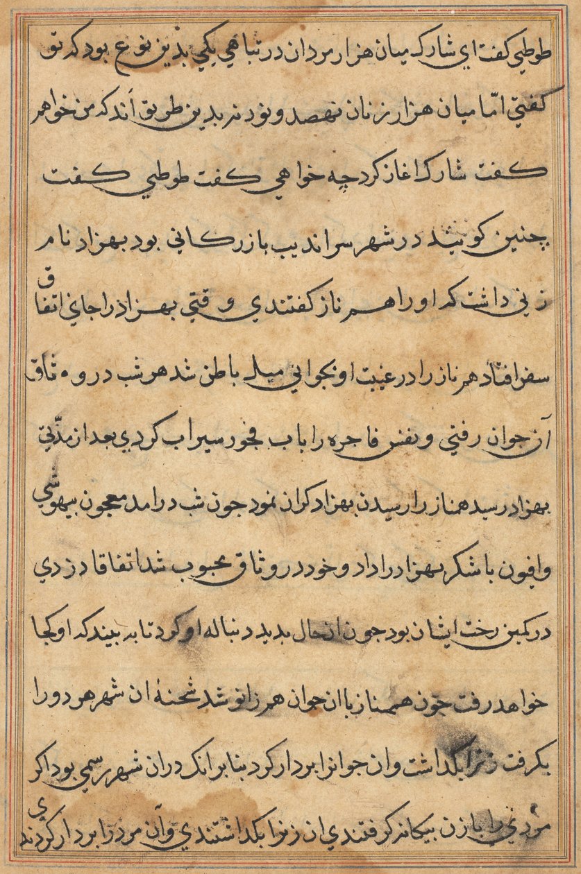 Pagina uit Verhalen van een Papegaai Tuti-nama: tekstpagina, ca. 1560 door Unbekannt