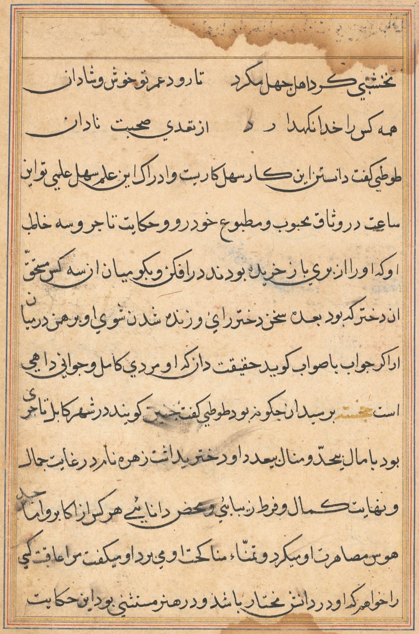 Pagina uit Verhalen van een Papegaai Tuti-nama: tekstpagina, ca. 1560 door Unbekannt