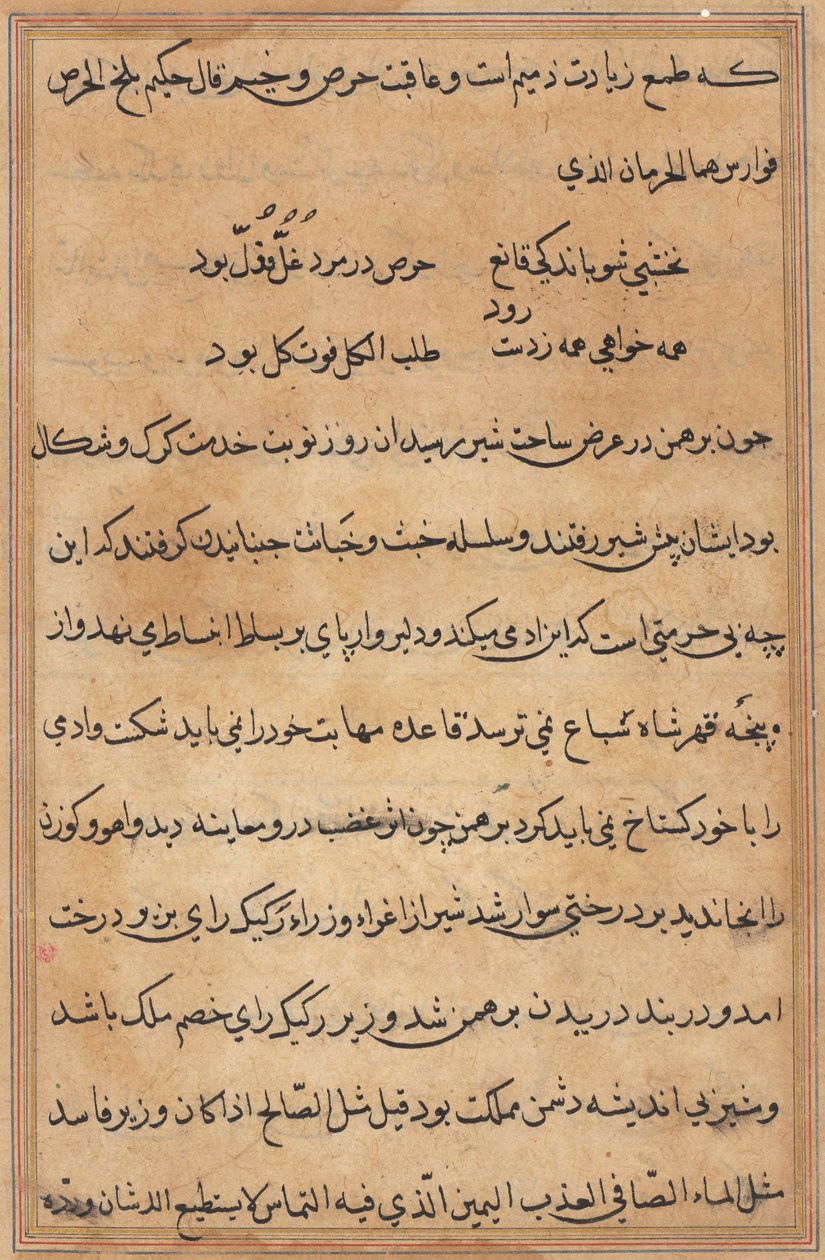 Pagina uit Verhalen van een Papegaai Tuti-nama: tekstpagina, ca. 1560 door Unbekannt
