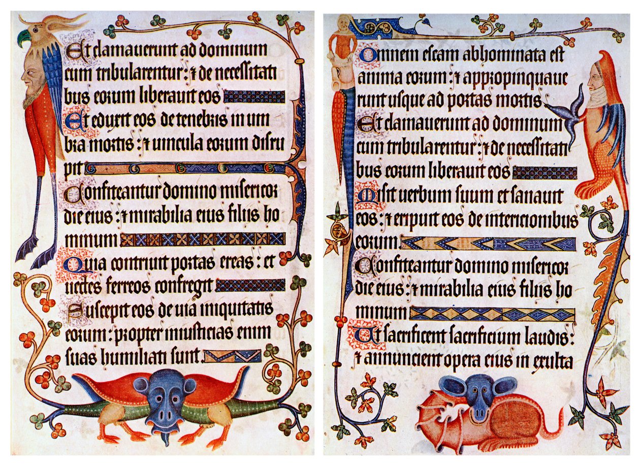 Pagina van geïllustreerde tekst uit de Luttrell Psalter, ca. 1300-ca. 1340 door Unbekannt
