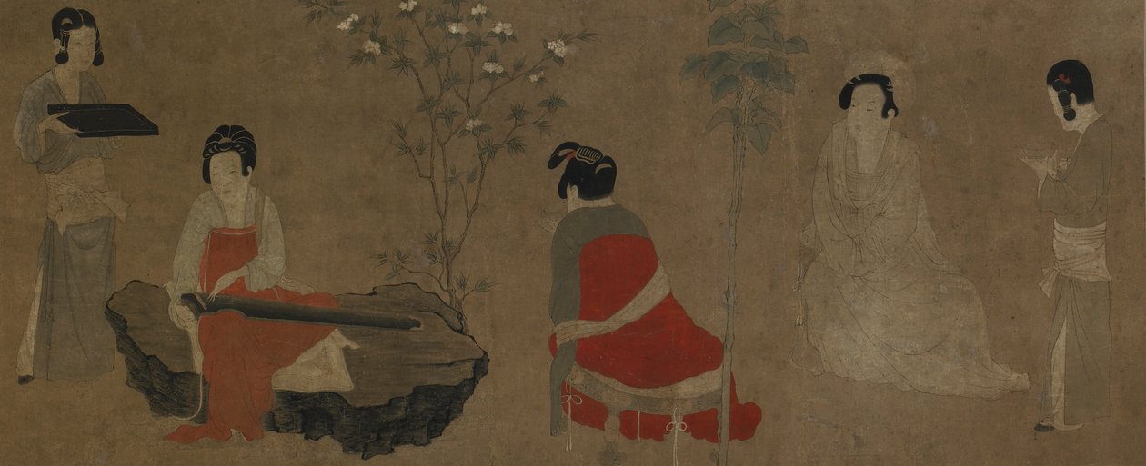 Paleisdames die een citer qin stemmen, Ming-dynastie, 1368-1644 door Unbekannt