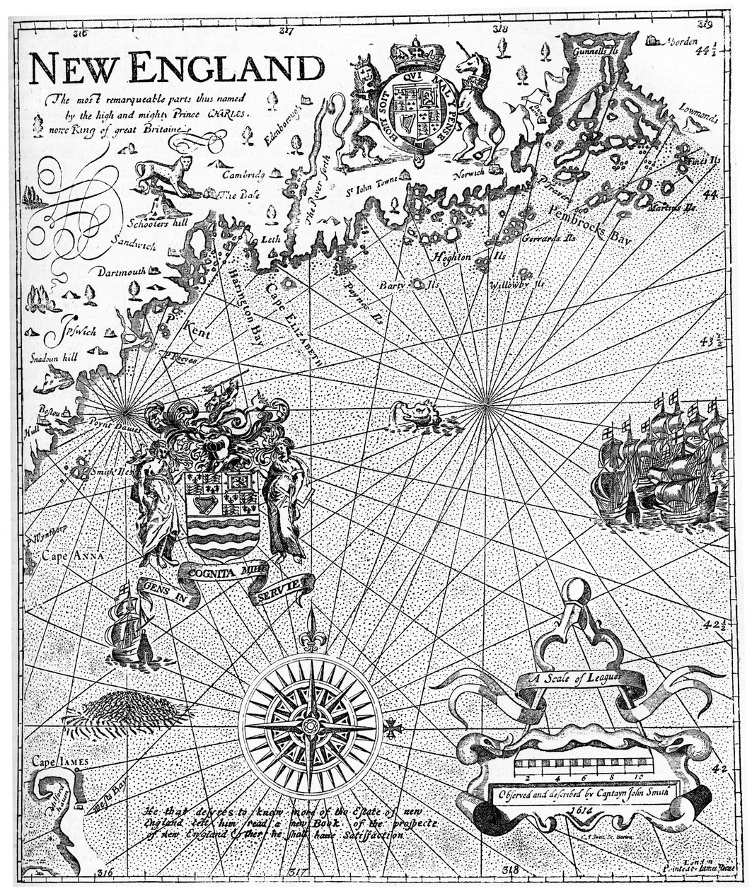 Deel van de kaart van New England door kapitein John Smith, 17e eeuw ca. 1880 door Unbekannt