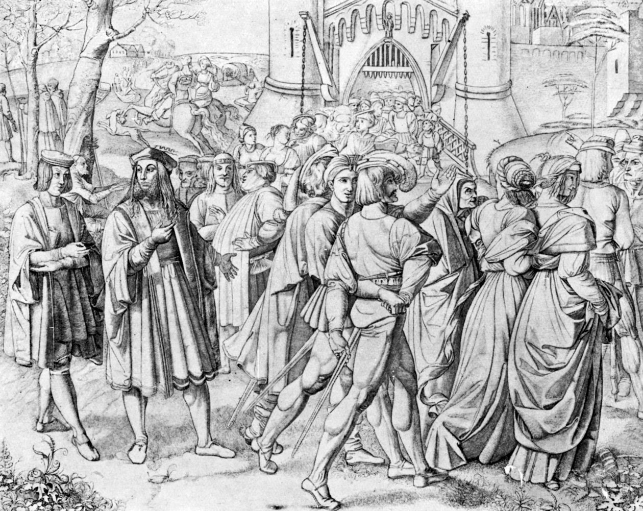 Mensen bij de ingang van een stad door Unbekannt