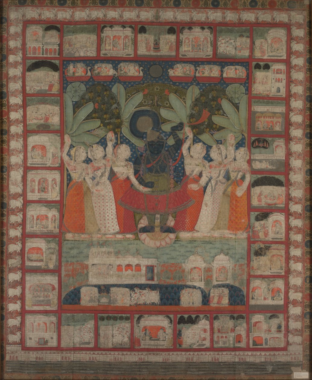 Pichvai wandkleed met de aanbidding van Shri Nathaji, 1825-1850 door Unbekannt