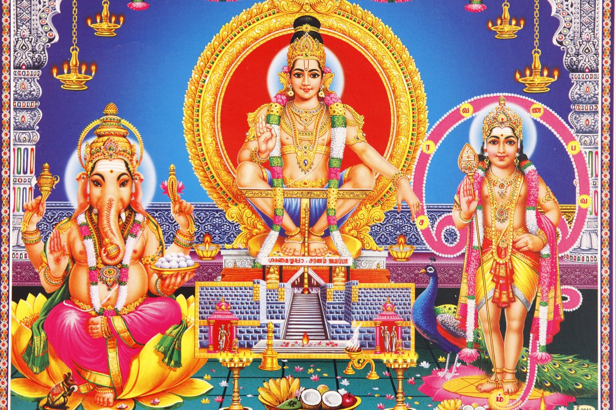 Afbeelding van hindoegoden Ganesh, Ayappa & Subramania India door Unbekannt