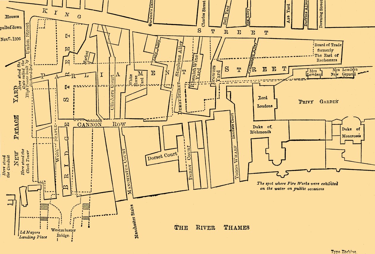 Plan van een deel van Westminster tussen 1734 en 1748 - Voor de bouw van Parliament Street door Unbekannt