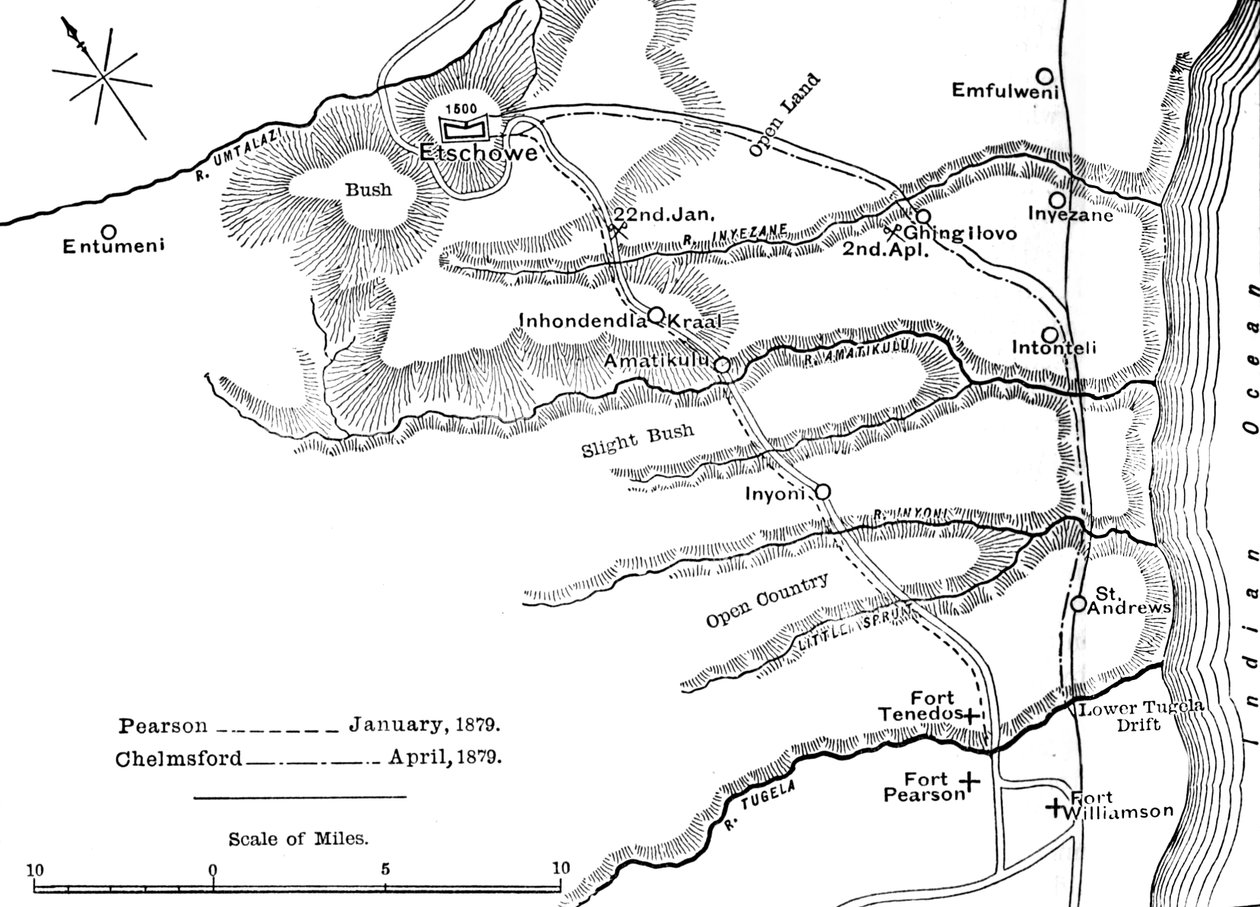 Plan van de marsen van Pearson jan., 1879 en van Chelmsford april, 1879 naar Etschowe, c1880 door Unbekannt