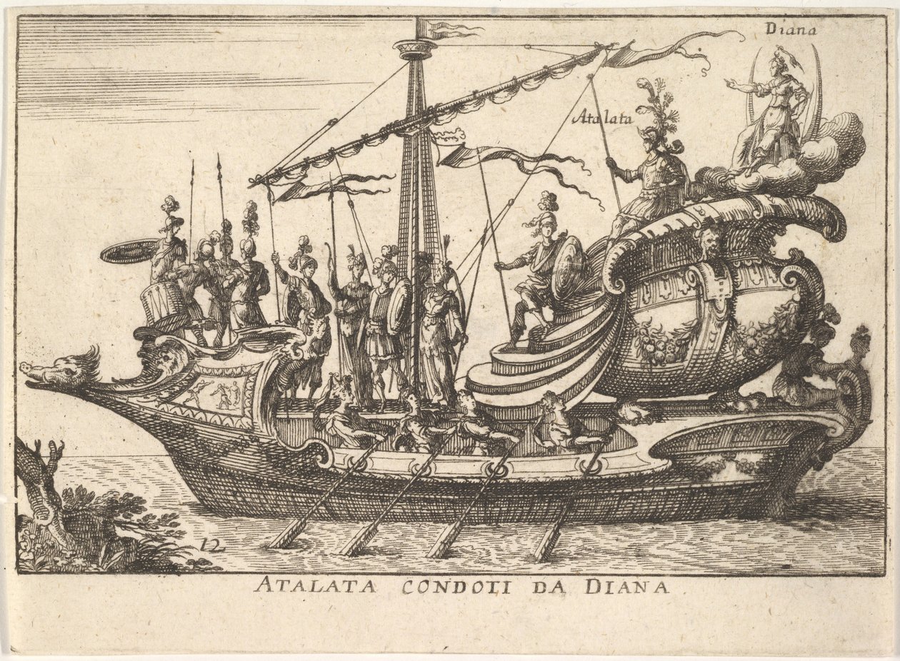 Plaat 12: Atalanta geleid door Diana, vergezeld door krijgers, 1664 door Unbekannt