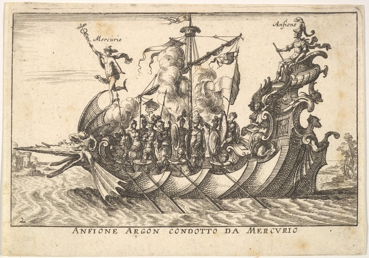 Plaat 2: De Argonaut Amphion geleid door Mercurius Anfione Argon. condotto da Mercurio, met een..., 1664 door Unbekannt