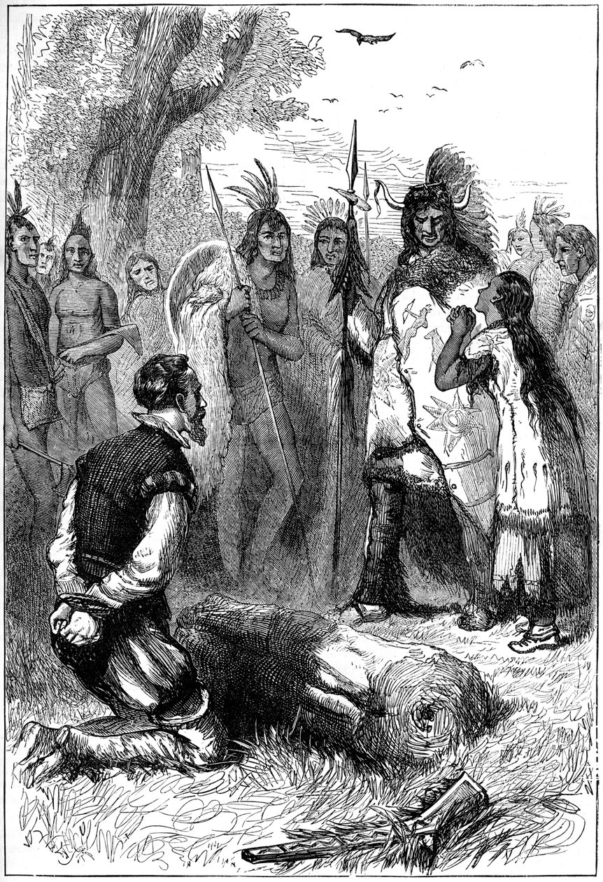 Pocahontas redt het leven van Kapitein Smith, 1607, ca. 1880 door Unbekannt