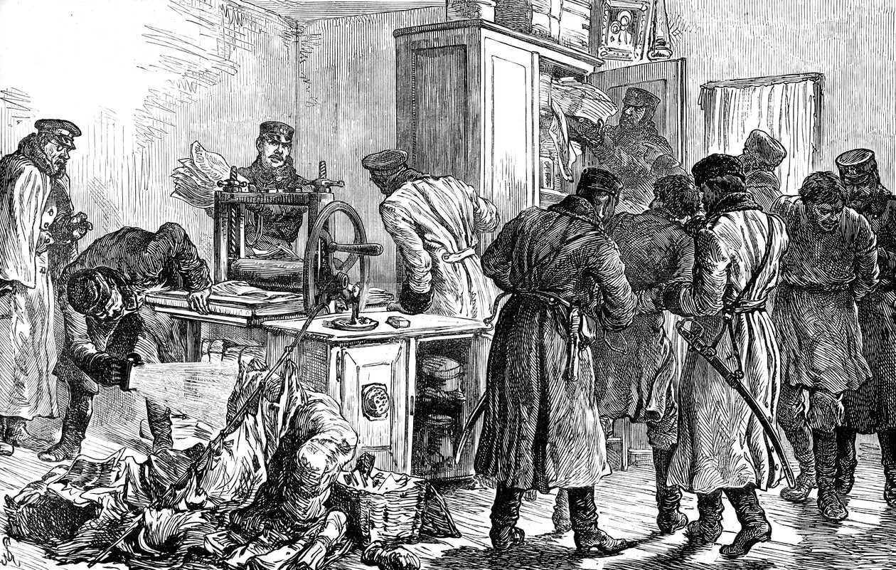 Politie ontdekt een nihilistische drukpers, Sint-Petersburg, Rusland, 1887 door Unbekannt