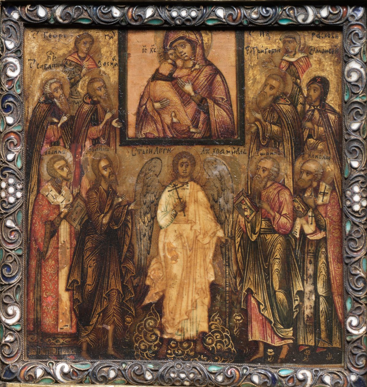 Draagbaar Drieluik Icoon: Aanbidding van het Wonderdoende Icoon van de Vladimir Moeder van God, 1600s door Unbekannt