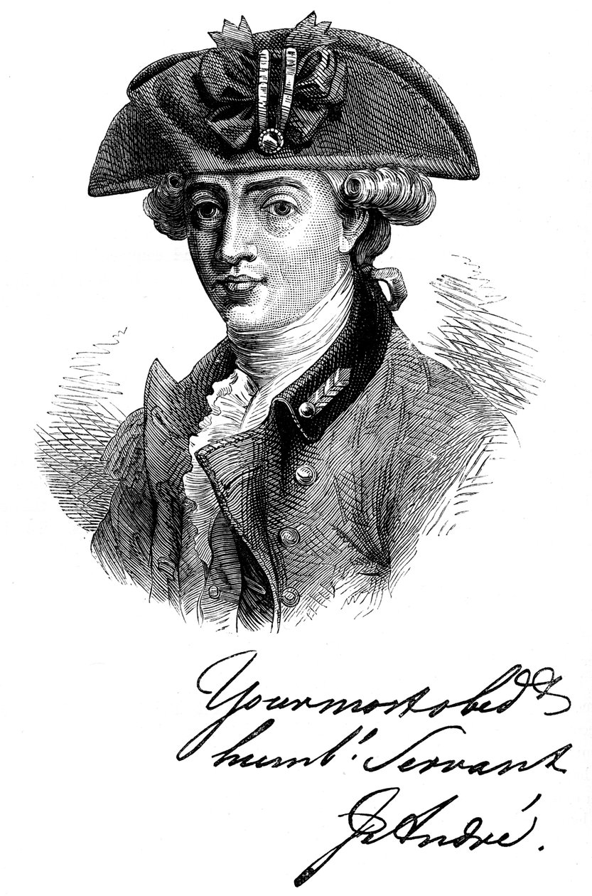 Portret en handtekening van majoor John Andre, 18e-eeuwse Britse soldaat en spion, ca. 1880 door Unbekannt