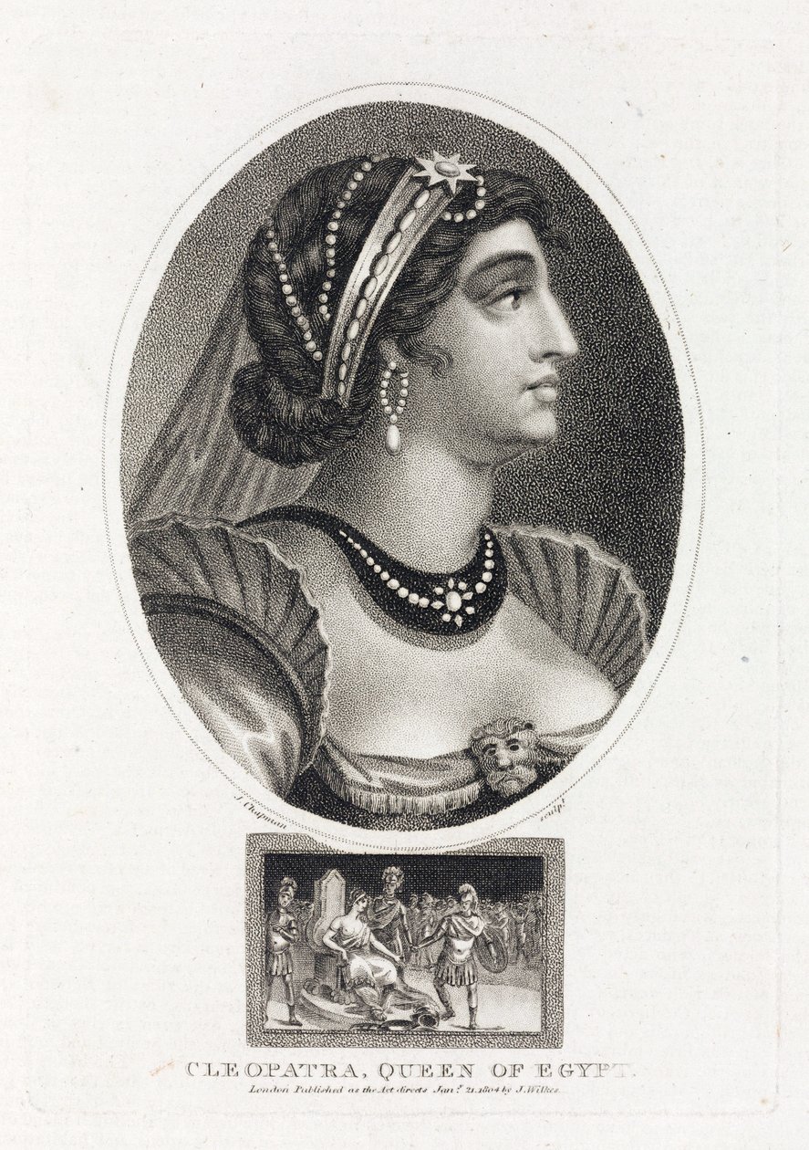 Portret van Cleopatra (Thea Philopator, 69-30 v.Chr.), met een scène die haar troonsbestijging in Egypte beschrijft, omringd door Romeinse legionairs door Unbekannt