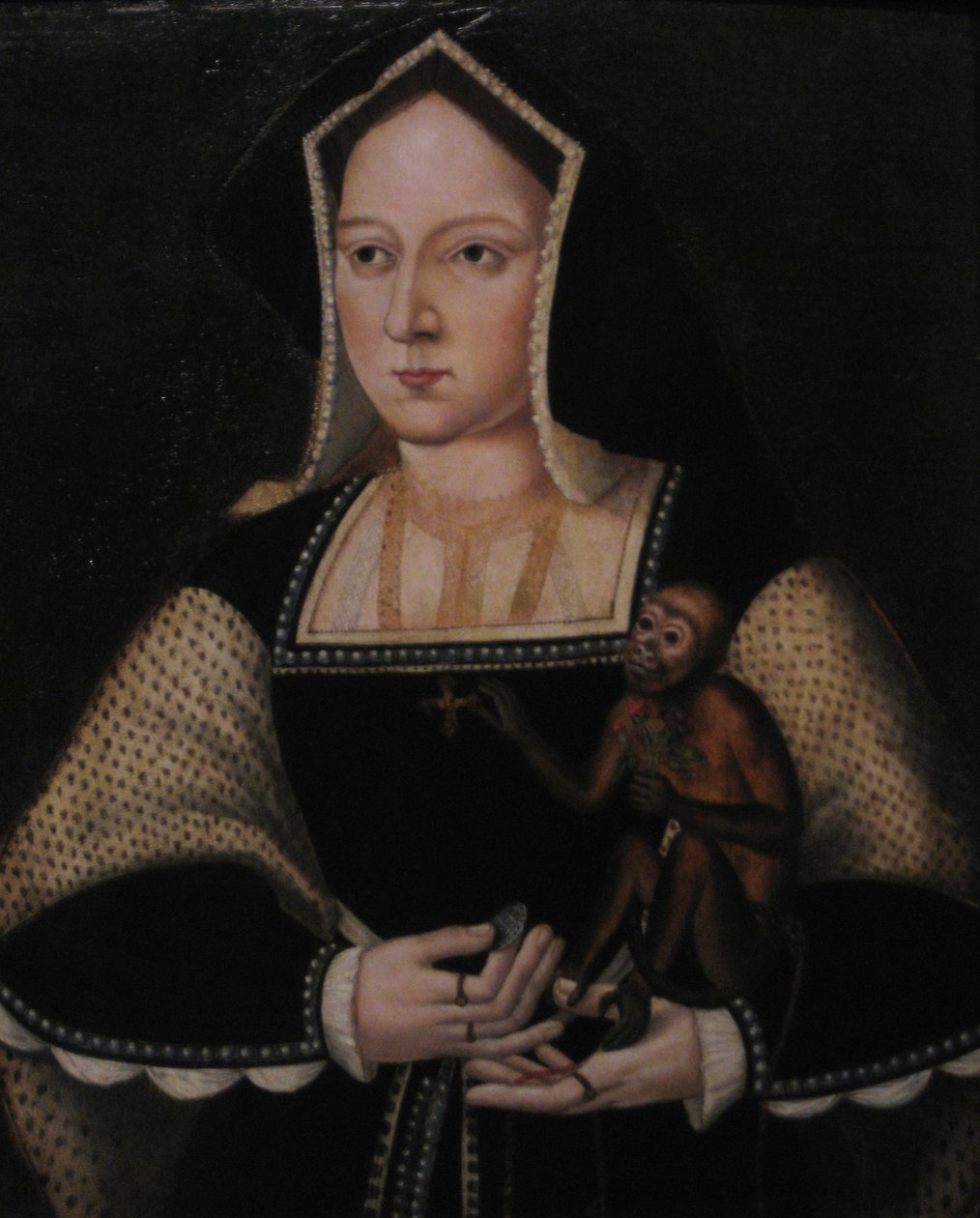 Portret van Catherine van Aragon, met haar aapje, kopie naar Lucas Horenbout, ca. 1530 door Unbekannt