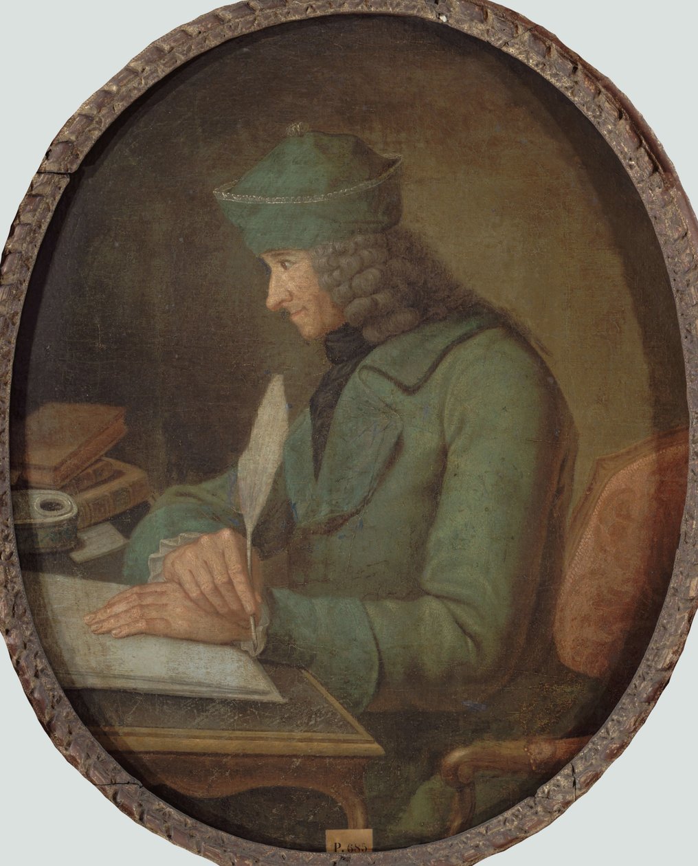 Portret van Francois Marie Arouet de Voltaire 1694-1778, in zijn studeerkamer, 2e helft van de 18e eeuw door Unbekannt
