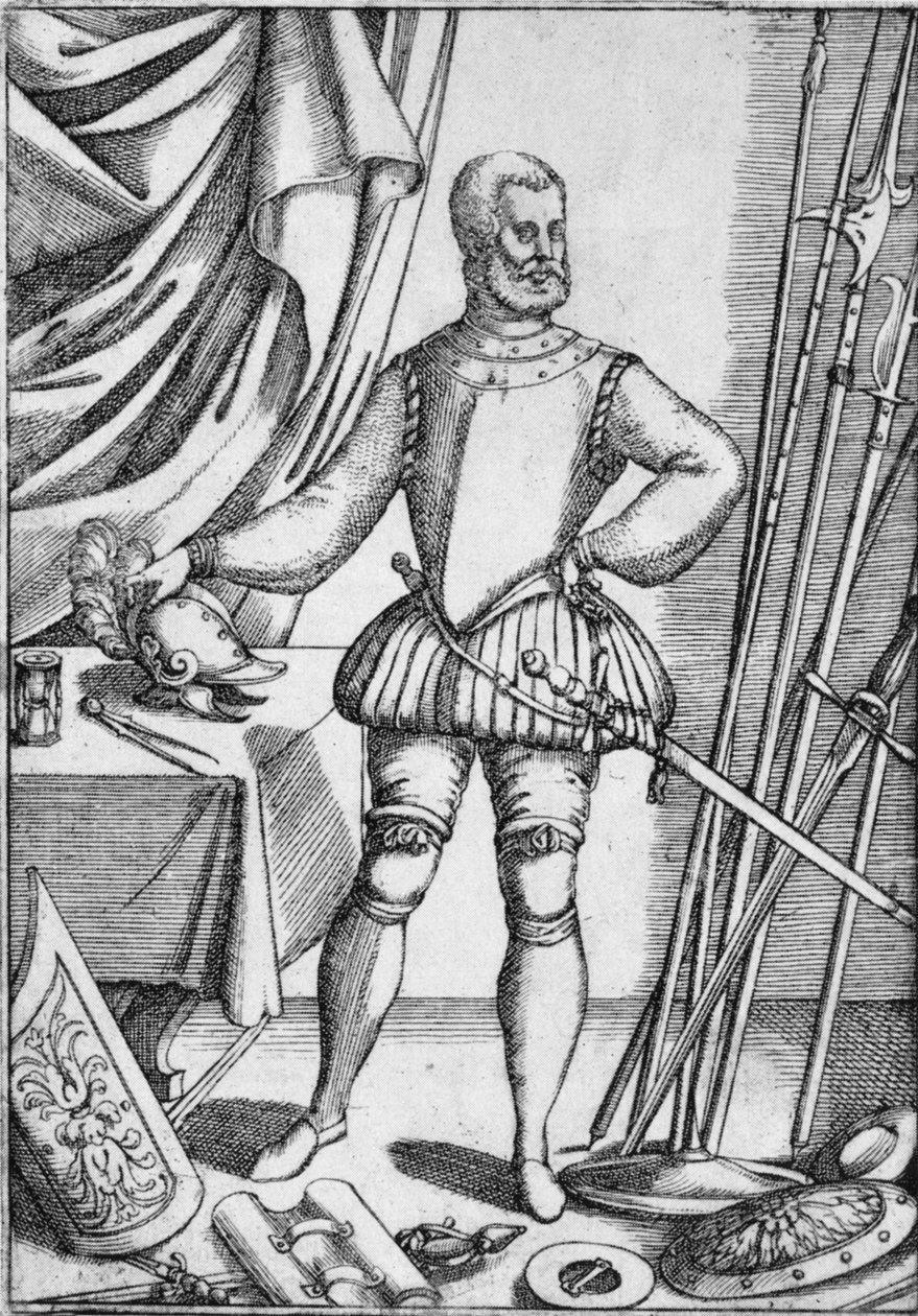 Portret van Giacomo Di Grassi, met wapens die hij zijn leerlingen leerde gebruiken, 1575, 1936 door Unbekannt