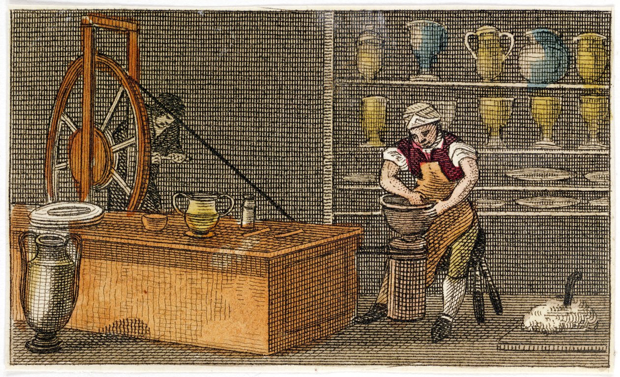 Pottenbakker aan het werk in de Wedgwoods Etruria-fabriek, Hanley, Staffordshire, c1830 door Unbekannt
