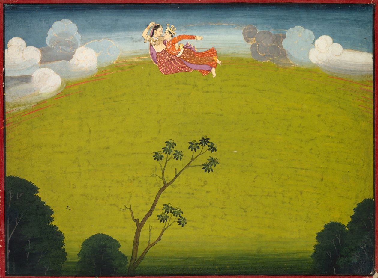 Pradyumna en Mayavati vliegen naar Dvaraka, uit de Grote Basohli Bhagavata Purana, ca. 1760-1765 door Unbekannt