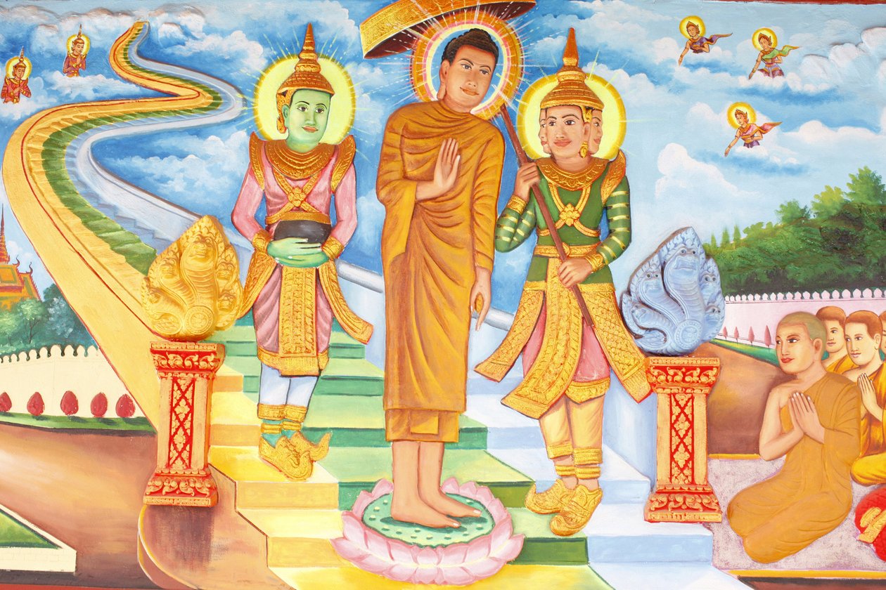 Preah Prom Rath Klooster, Leven van de Boeddha, Boeddha bezoekt de hemel en ontmoet de goden Indra en Brahma, Siem Reap, Cambodja door Unbekannt