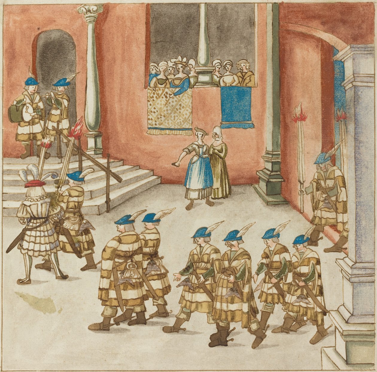 Processie van ridders bekeken door dames op een balkon, ca. 1515 door Unbekannt