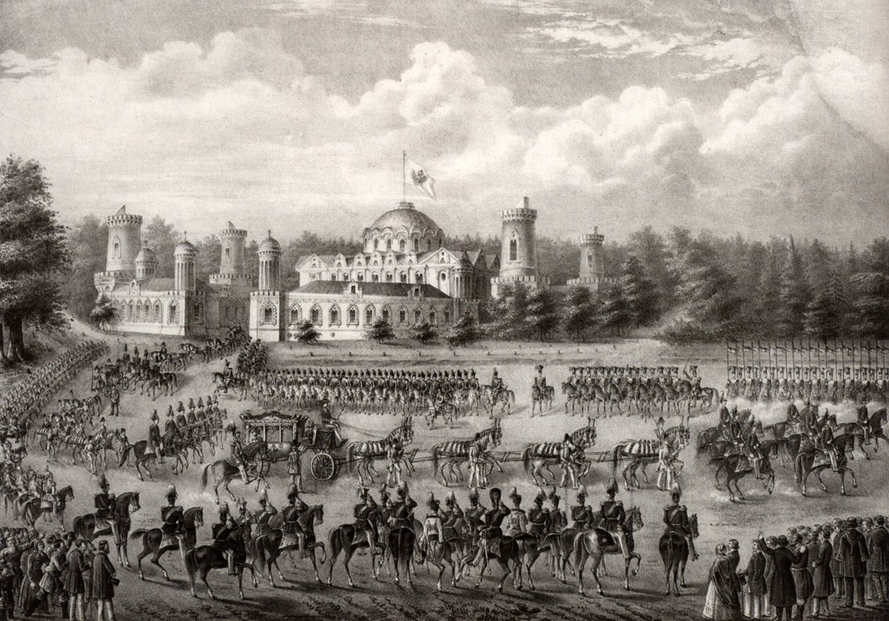 Processie van tsaar Nicolaas I naar de Dormitie Kathedraal vanuit het Petrovsky Paleis tijdens zijn kroning in 1825, 1826 door Unbekannt