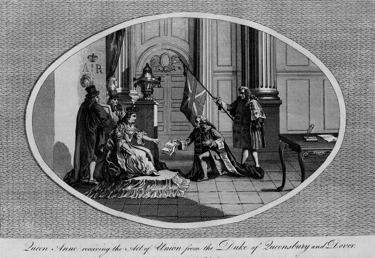 Koningin Anne ontvangt de Act of Union van de Hertog van Queensberry, 1707 door Unbekannt