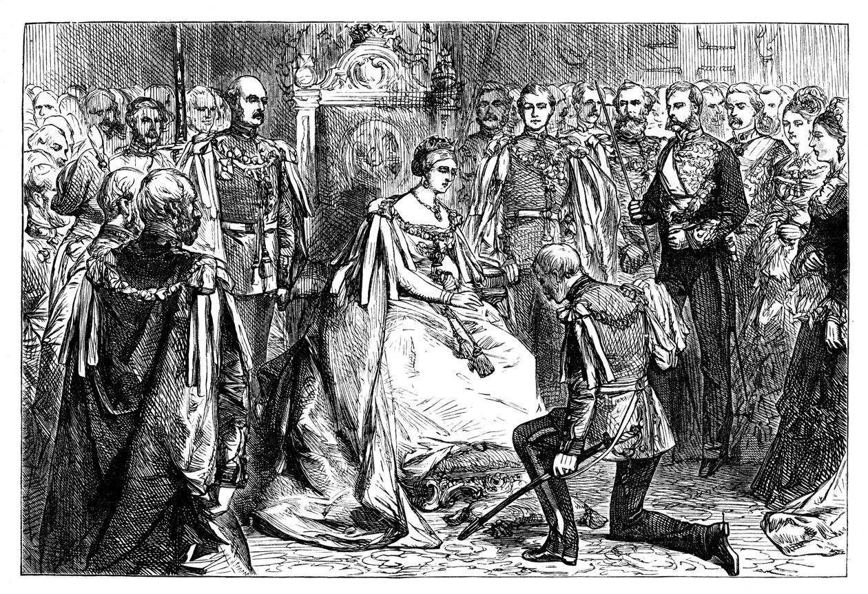 Koningin Victoria houdt de eerste investituur van de Orde van de Ster van India, ca 1861 door Unbekannt