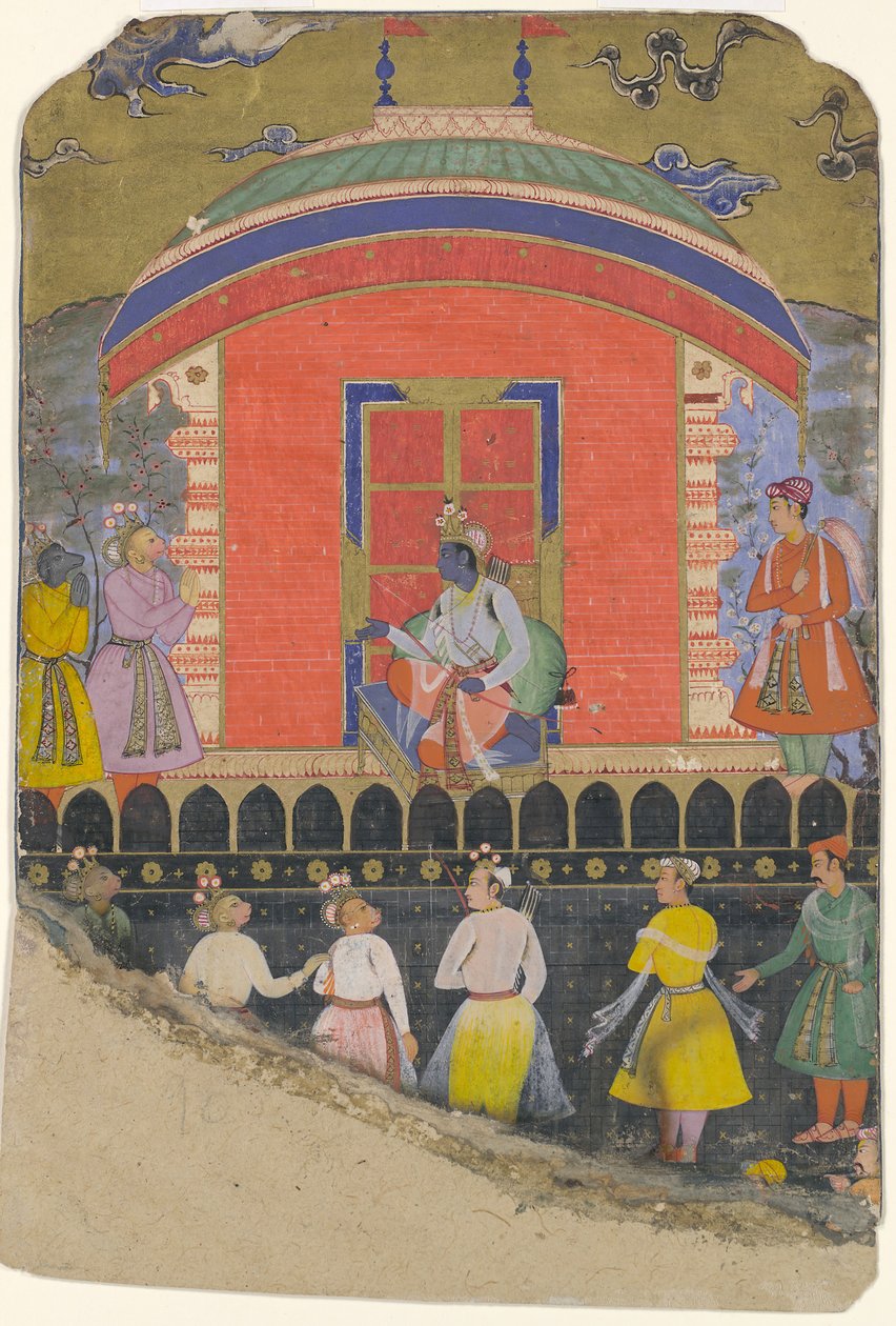 Rama Ontvangt Sugriva en Jambavat, de Apen- en Berkoningen, Folio uit..., ca. 1605 door Unbekannt