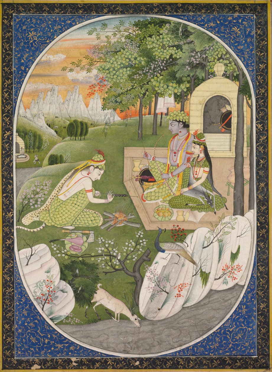 Rama, Sita en Lakshmana in het bos, pagina uit de Ramayana-verhalen van God Rama door Unbekannt