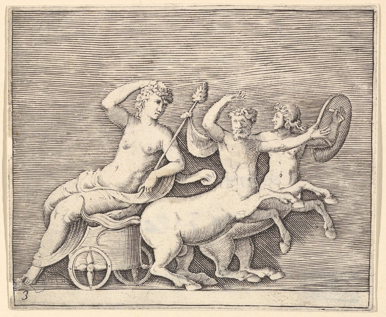 Liggende Vrouwelijke Figuur op een Wagen getrokken door Twee Centauren, gepubliceerd ca. 1599-1622 door Unbekannt