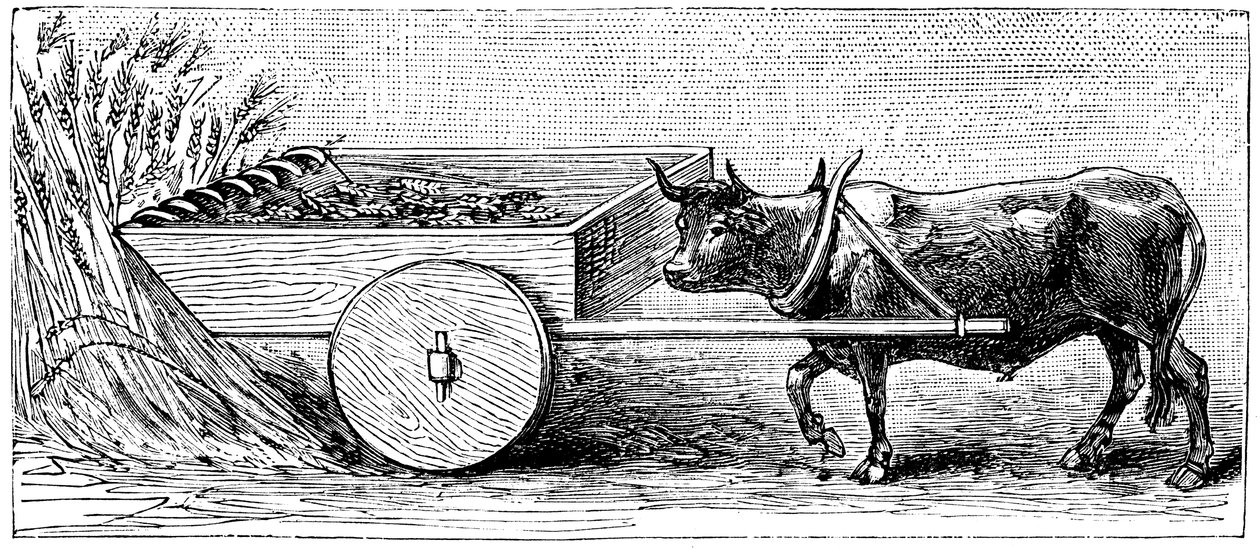 Reconstructie van maaimachine gebruikt in Gallië in de Oud-Romeinse tijd, zoals beschreven door Plinius, ca. 1890 door Unbekannt