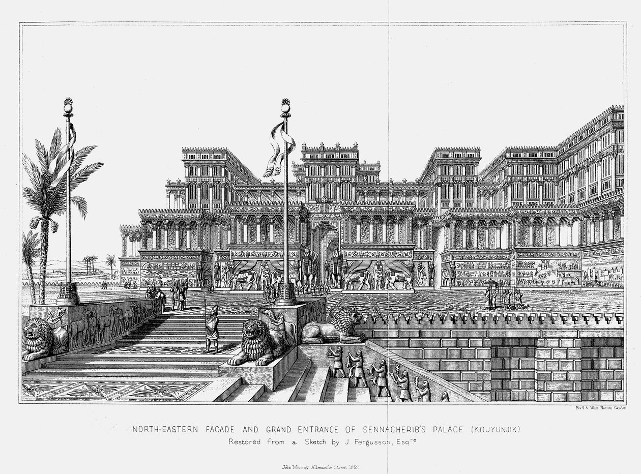 Reconstructie van de noordoostelijke gevel van Sennacheribs paleis Kouyunjik, Assyrisch, 1853 door Unbekannt