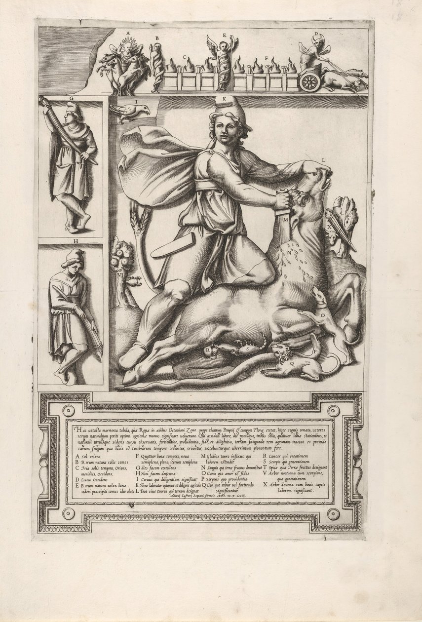 Reliëf met Mithras knielend op een stier en een zwaard in zijn schouder drijvend, links tw... door Unbekannt
