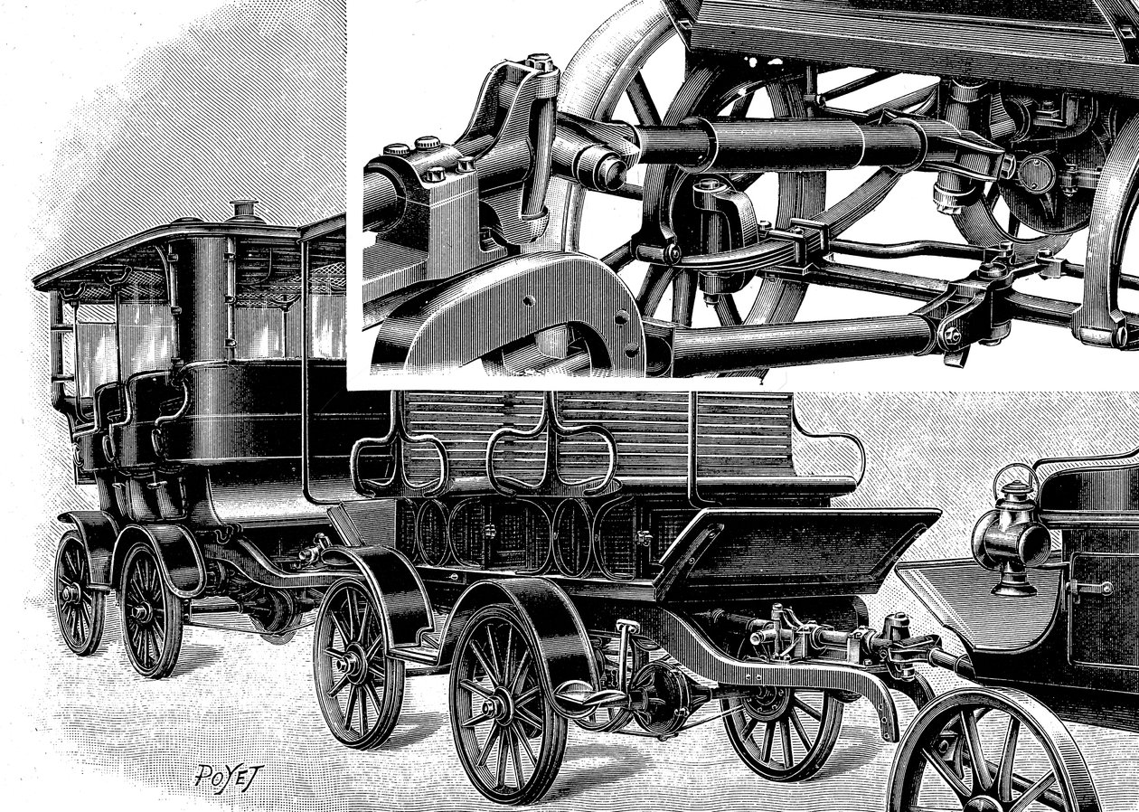 Renards autotrein, met koppeling rechtsboven en een trein van wagons, 1904 door Unbekannt
