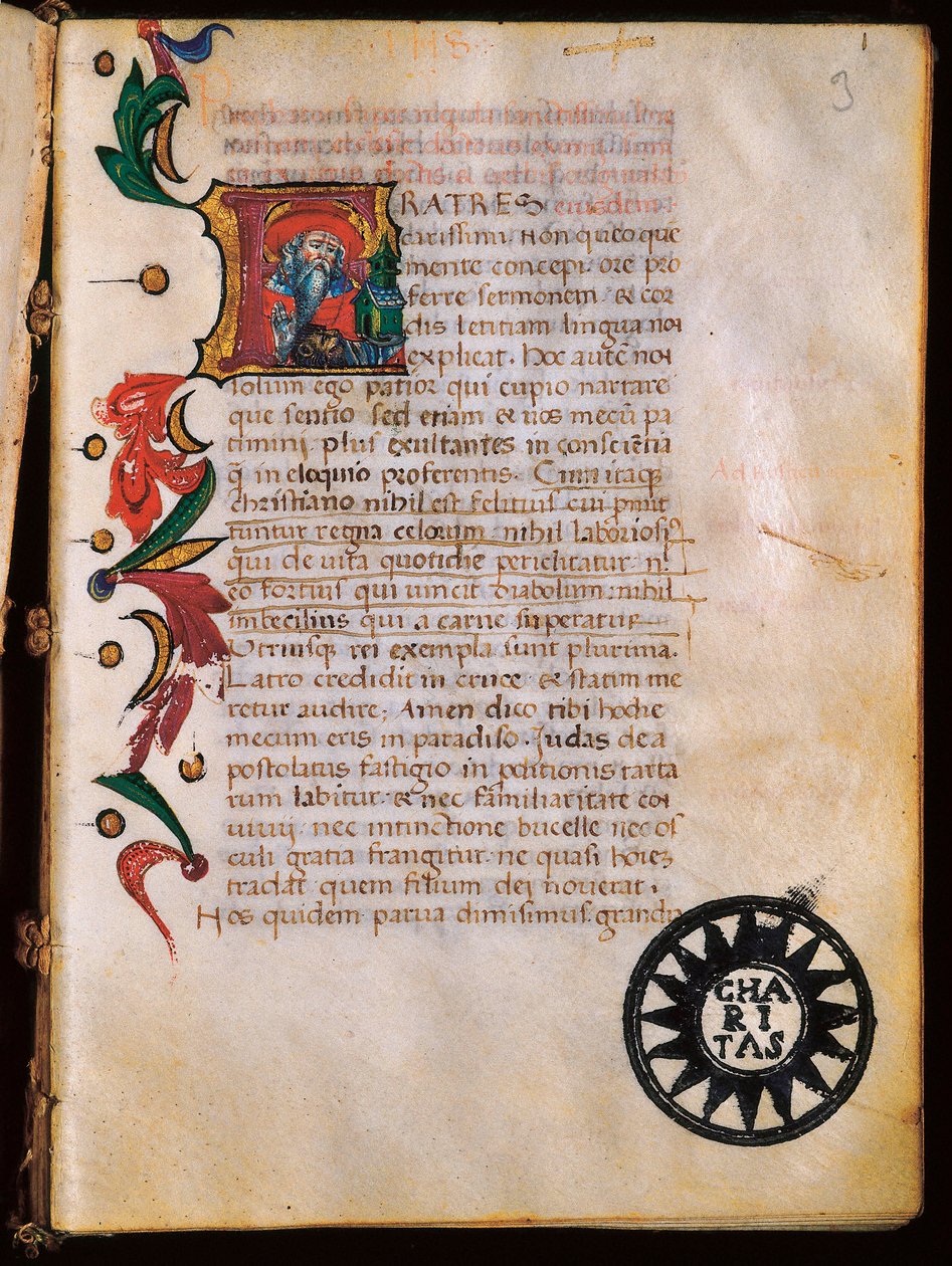 Voorstelling van Sint Hiëronymus (347-420), verlichte pagina uit "Opuscola theologica" door Unbekannt