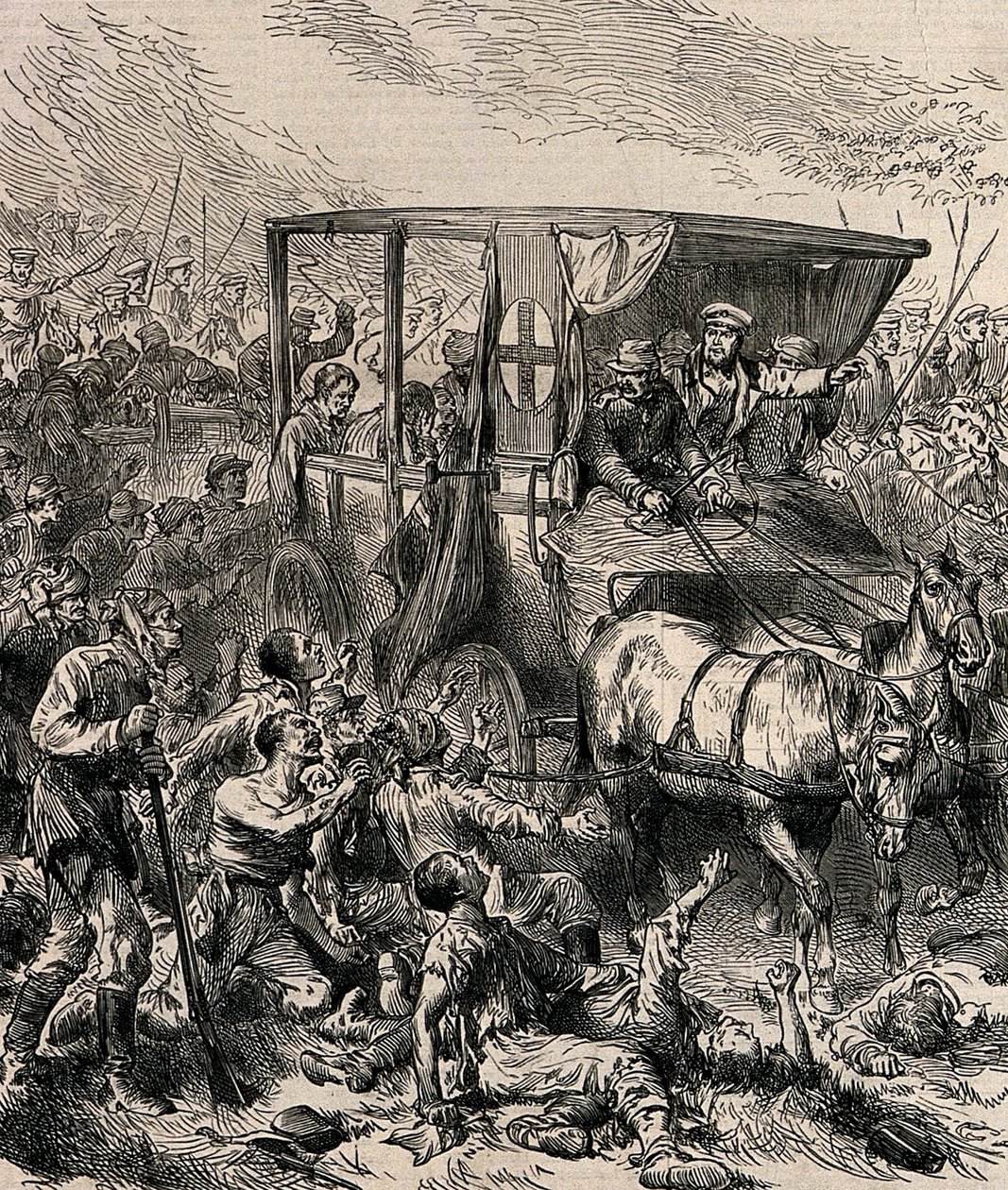 Het redden van gewonde Russische soldaten van het slagveld, ca 1878 door Unbekannt