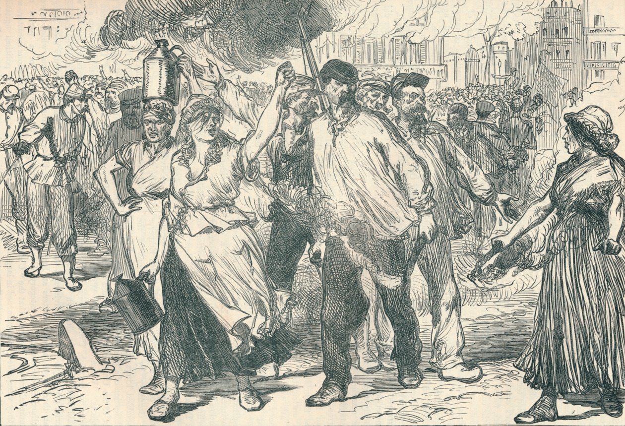 Relschoppers en petroleuses die openbare gebouwen in Parijs in brand steken tijdens de Parijse Commune, 1871 door Unbekannt