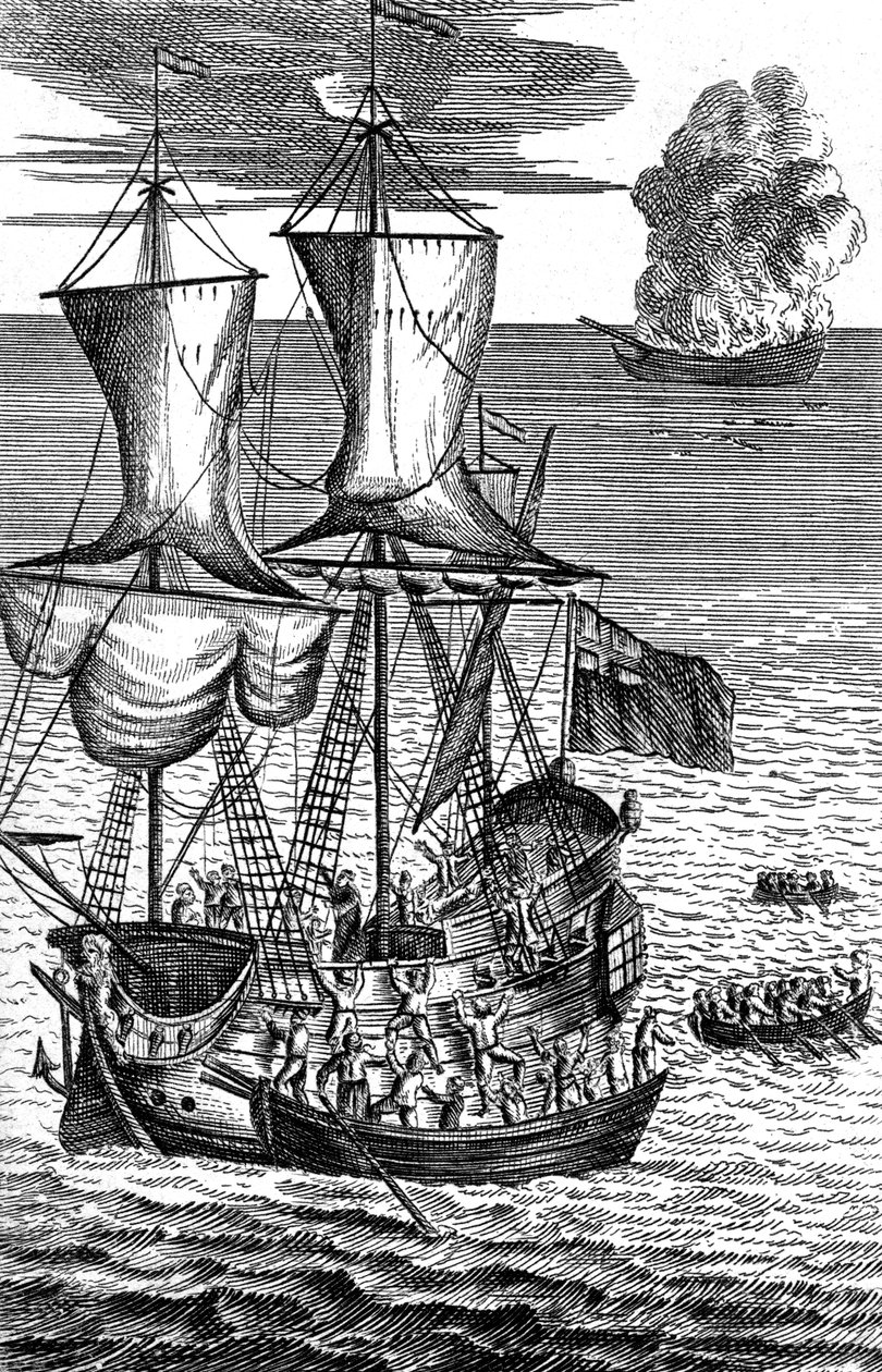 Robinson Crusoe redt de bemanning van een brandend schip op zee, ca. 1719 door Unbekannt