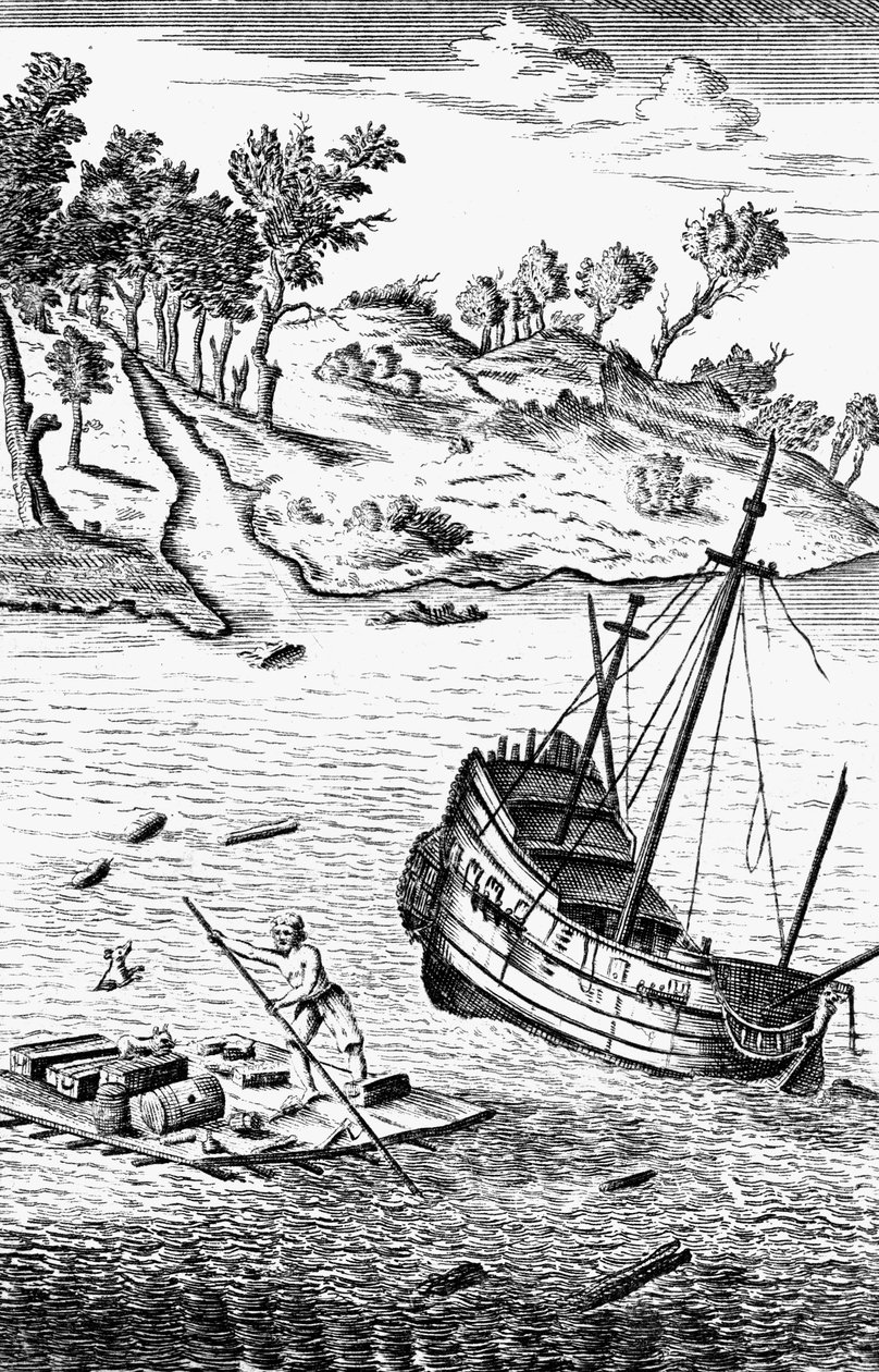 Robinson Crusoe redt zijn goederen uit het wrak van het schip, ca. 1719 door Unbekannt